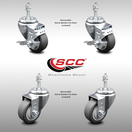 Service Caster 3.5 Inch SS Thermoplastic Rubber Swivel 1/2 Inch Threaded Stem Caster Brakes, 2PK SCC-SSTS20S3514-TPRB-381615-2-TLB-2